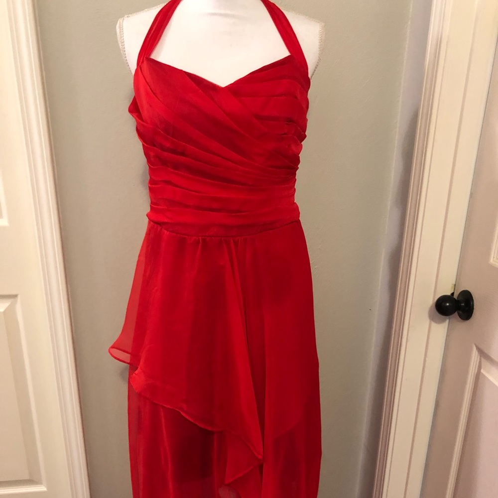 Tomato red halter chiffon high-low dress